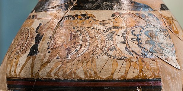 Battle between heavy infantrymen, so-called hoplites - Proto-Corinthian Olpe, c. 640 BC - Photo: Wikimedia Commons (ArchaiOptix), CC-BY-SA 4.0 (clipped)