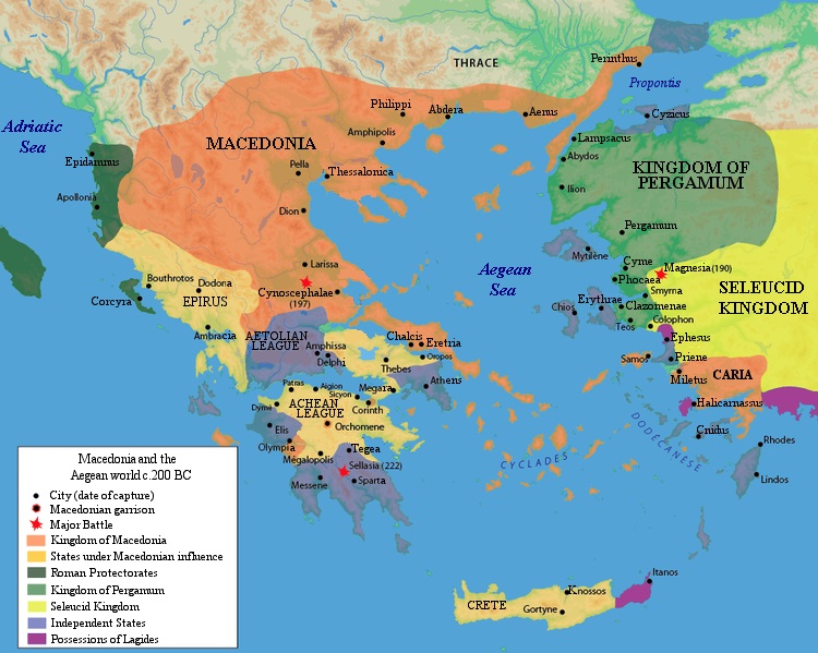 Makedonia en Griekenland, eind derde eeuw - Kaart vervaardigd door Raymond Palmer, Wikimedia Commons. Bron: R. Ginouv�s et al., La Mac�doine, Paris, 1992.